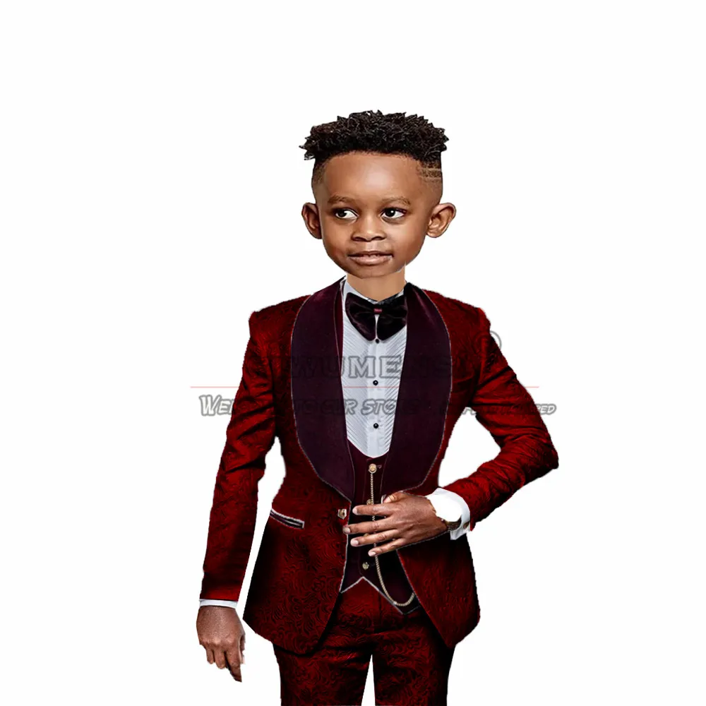 Costumes 4 pièces Slim Fit pour garçon, ensemble formel pour tout-petits, tenue de porteur d'alliances, blazer floral à revers en velours bordeaux