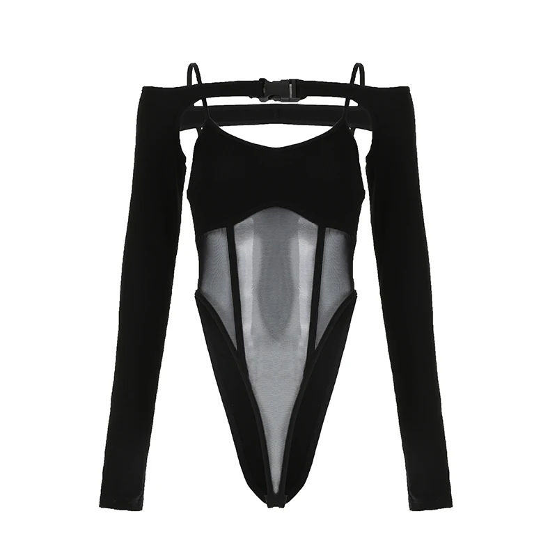 Heyoungirl Mesh Patchwork Bodysuit und Kittel Top sexy zweiteilige Set Damen Rave Festival stilvolle Stram pler Gothic Slim Clubwear