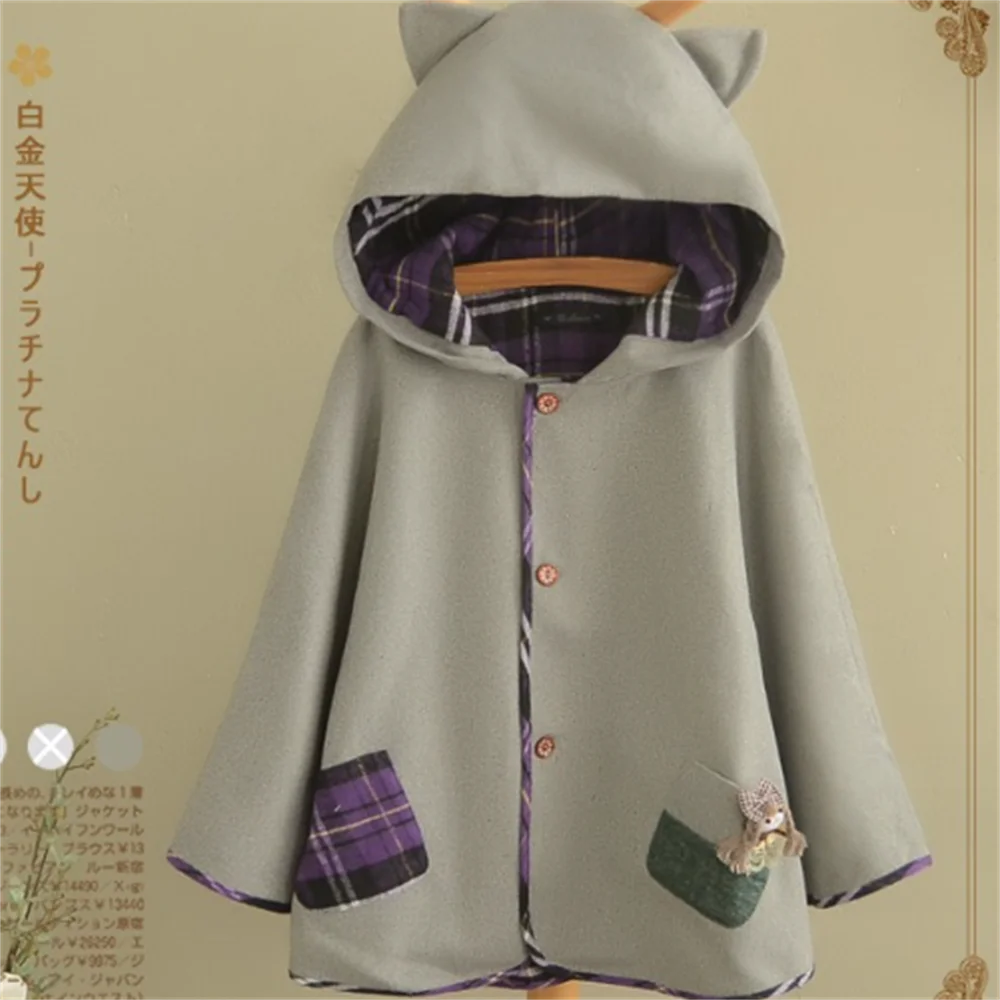 

Cloak woolen coat autumn and winter new Women's college wind sweet hooded woolen coat