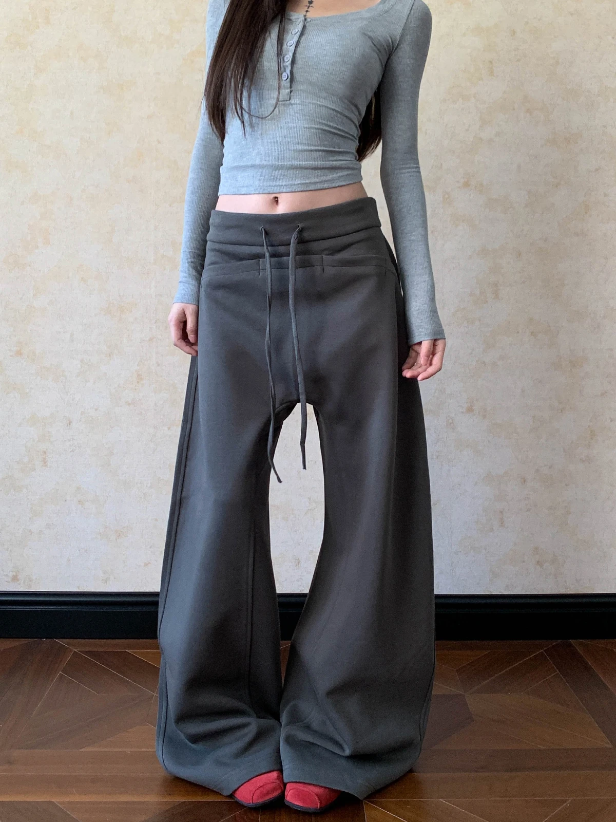 

Женские повседневные спортивные брюки Aket в американском ретро-стиле, свободного кроя, однотонные, с эластичным поясом, универсальные, в стиле кэжуал