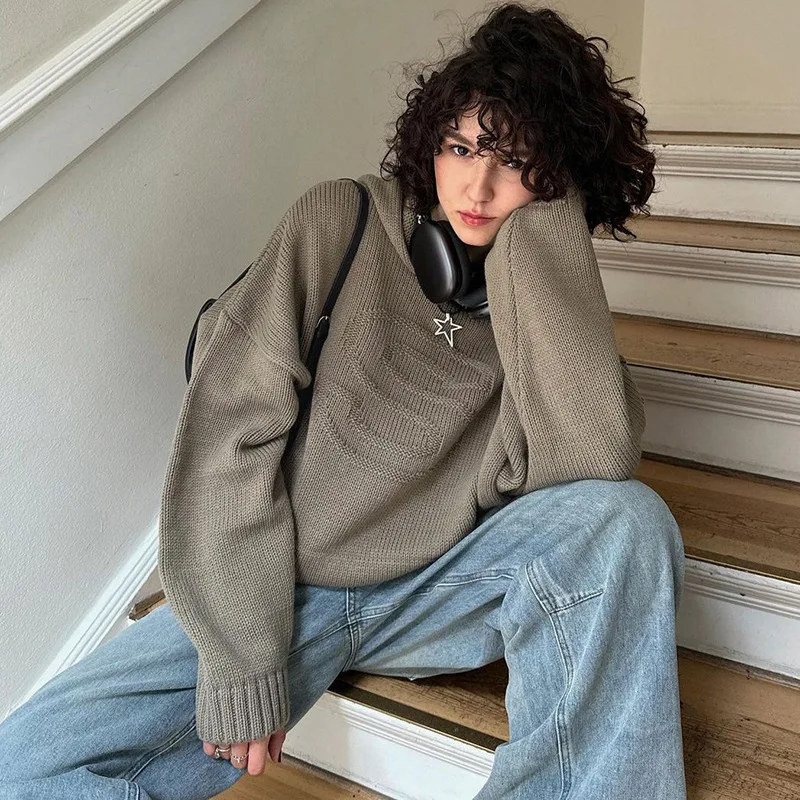 

Streetwear Printed Knitted Hooded Sweatshirts Women Y2k Fashion Long Sleeve Sweaters Women 2023 Vintage Oversized Womens Jumpers