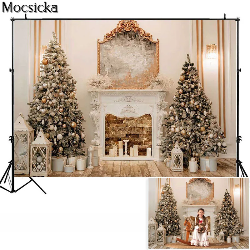 크리스마스 가족 초상화 사진 배경 창 벽난로 크리스마스 트리 선물, 아기 아이 파티 배경 포토콜 사진 스튜디오