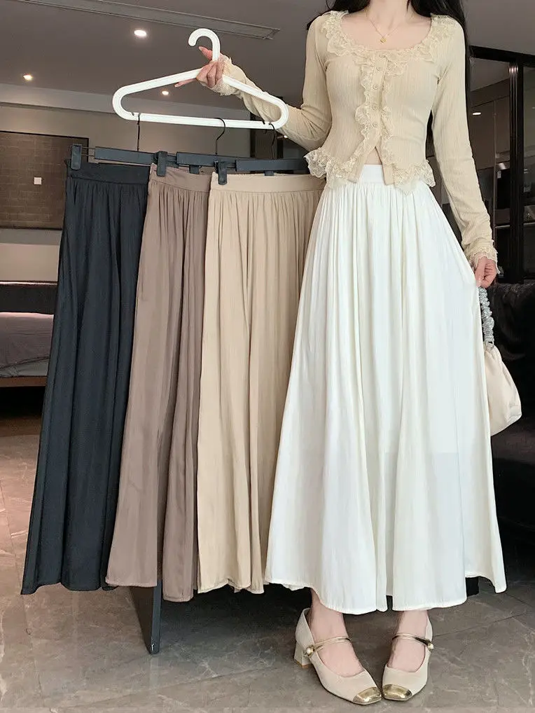 

2024 New Spring Summer Women High Waist Pleated Skirt Female Solid Color A-line Skirts Ladies Long Loose Casual Skirts B86