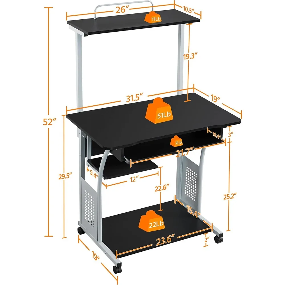 2-Tier Mobile Computer Desk with Printer Shelf Keyboard Tray Compact Rolling Workstation for Small Spaces & Home Office