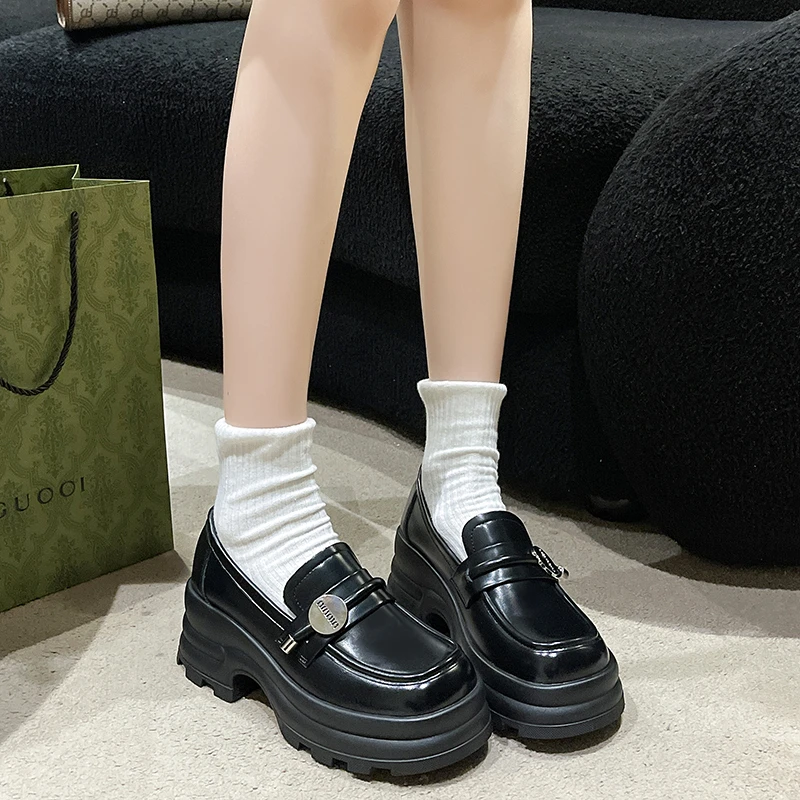 2024 Spring New Women's Leather Shoes Black Mary Jane Loafers British Style Fashion Metal Design Casual Shoes Party and Office