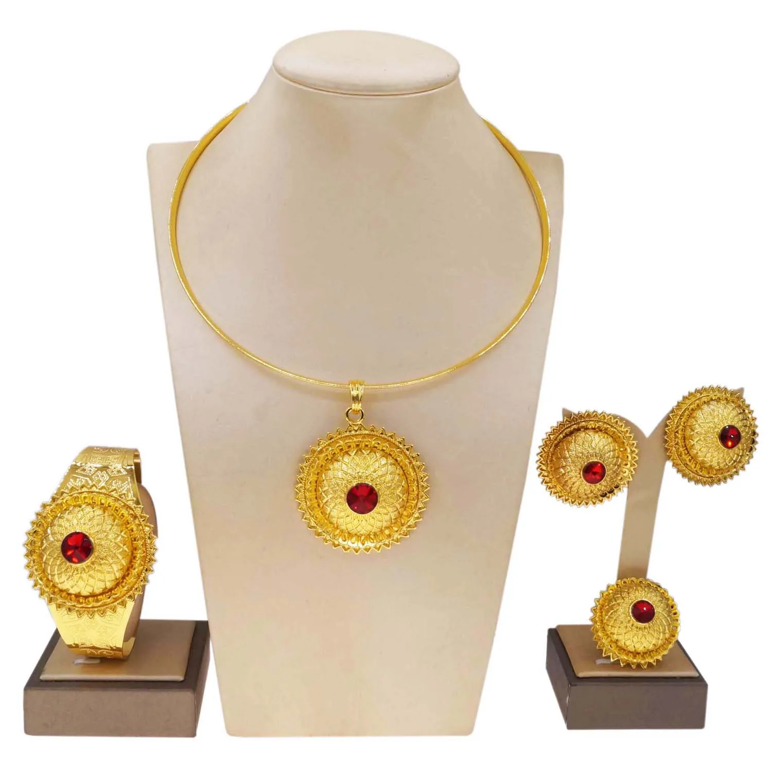 Elegant African Habesha Jewelry Set Traditional 3D Dome Filigree With Red Stone Torque Necklace Cultural Party Accessory