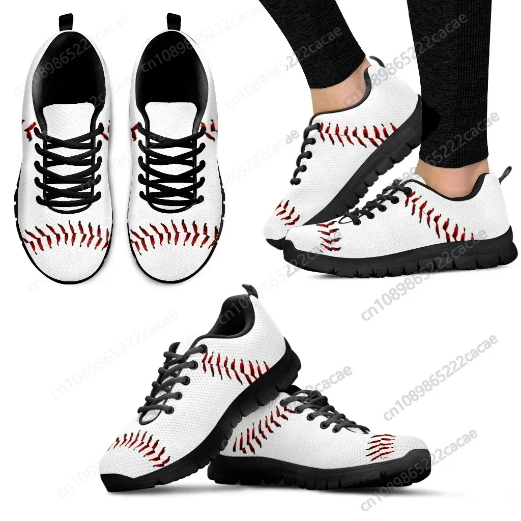 

White Textured Baseball Print Shoes Women's Lightweight Lace-up Sneakers Sports Print Casual Sneakers Zapatos