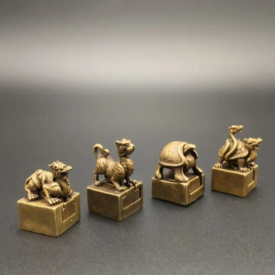 Miniature Qinglong White Tiger Suzaku Xuanwu Indoor Collection Small Statues Chinese Antique Copper Seal Desk Accessories