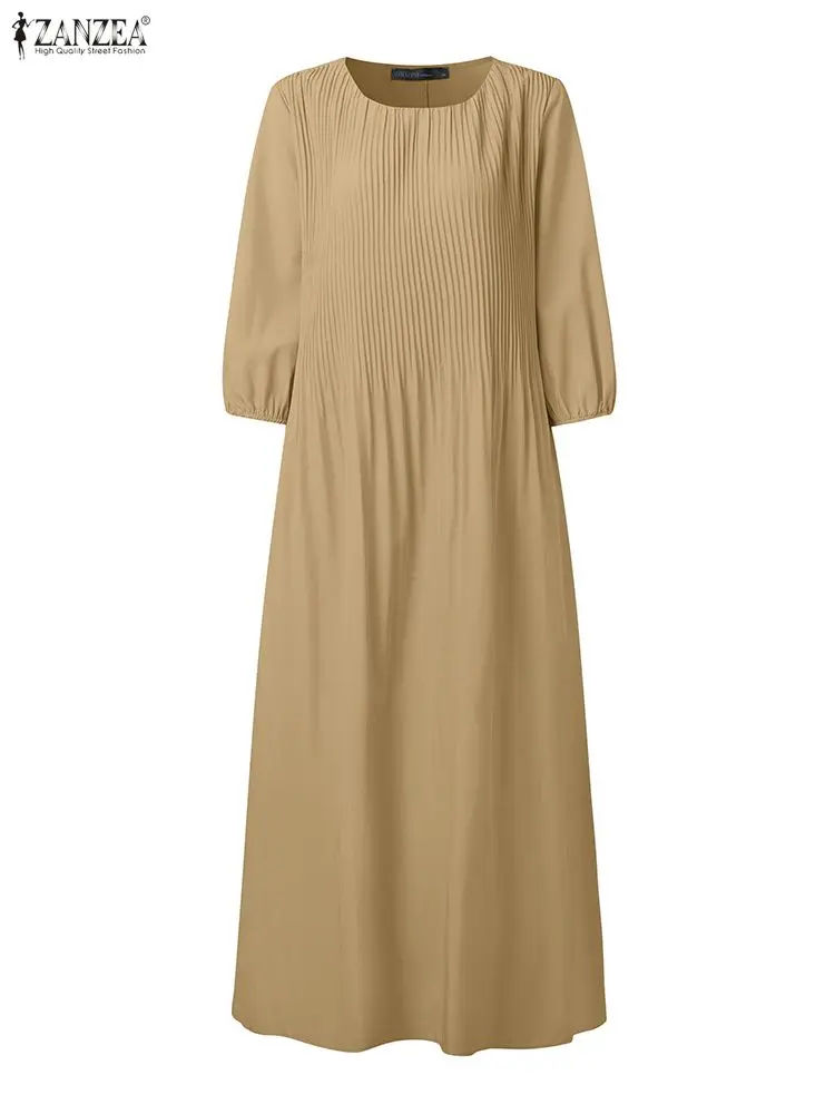 فساتين ماكسي نسائية بطيات على شكل حرف a من ZANZEA لخريف 2025 موضة رقبة دائرية 3/4 كم فانوس بلون سادة فستان طويل فضفاض 3XL