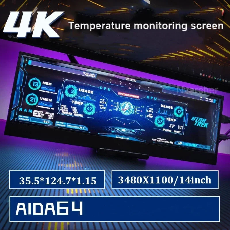 

Wisecoco 14 Inch 3840*1100 IPS 4K Screen Temperature Control Dynamic Display AIDA64 Adjustable Brightness For Computer Desktop