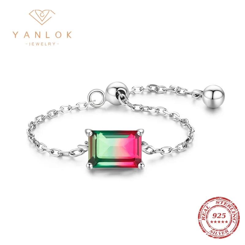 YANLOK Romantic 925 Sterling Silver Gradient Candy Tourmaline Rings for Women Rectangle Adjustable Chain Link Rings Jewelry