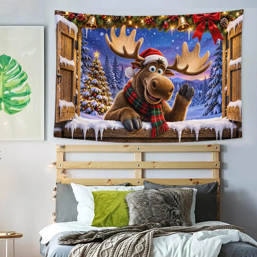 Christmas Moose Laughing Window Tapestry Bedroom Living Room Bar Party House Home Dorm Interior Wall Decor Background Banner