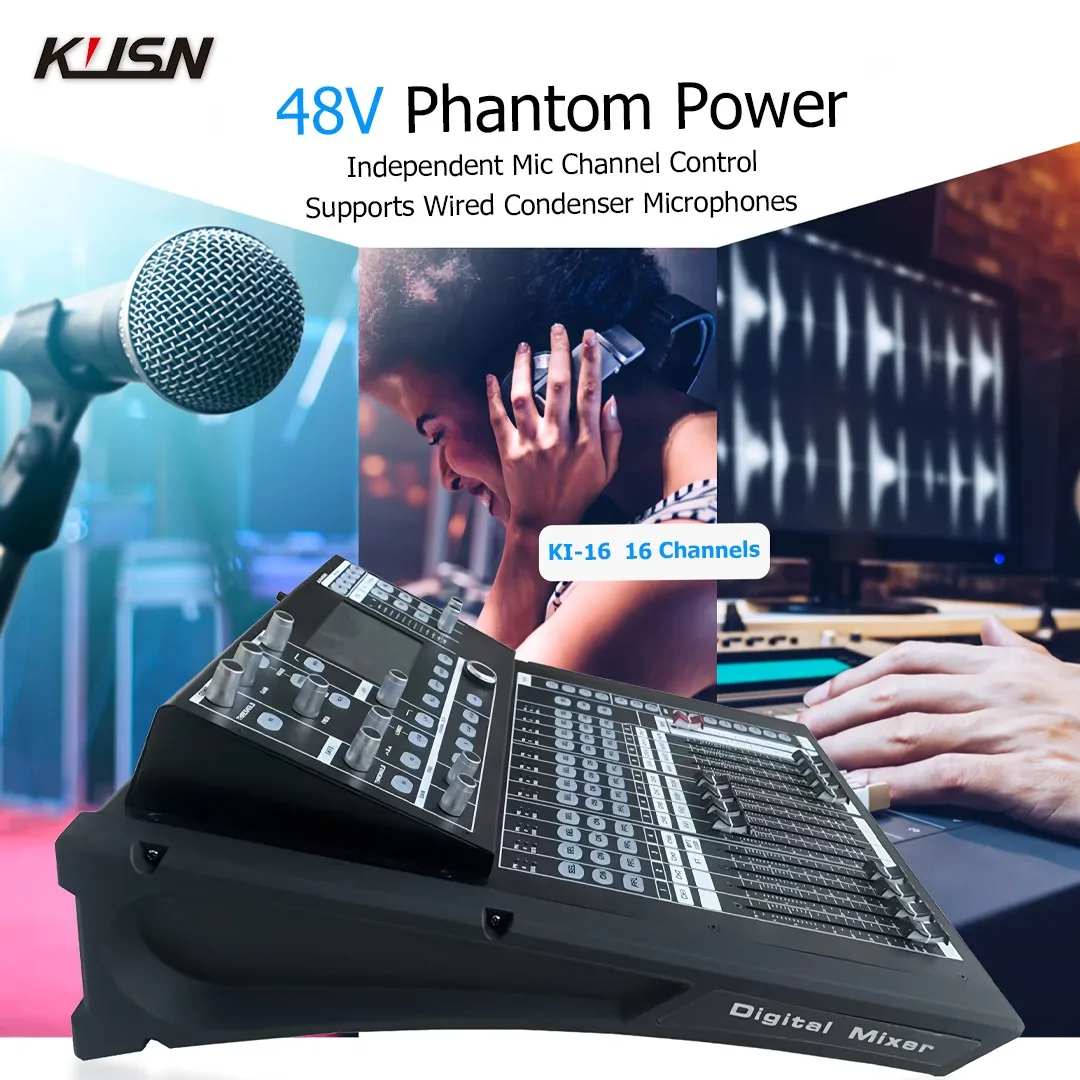 KI-16 16 Channel 2 Group Professional Audio Mixing Console Digital Sound Mixer Console with 5-inch Touchscreen Display USB