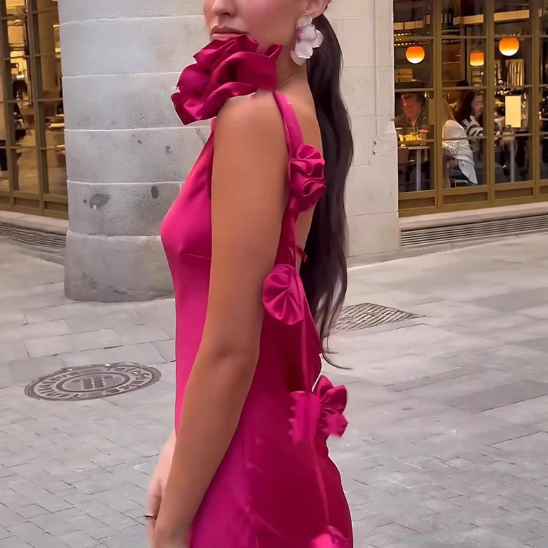 

Luxury Backless Long Dress Sexy Suspender Sleeveless Slim Evening Party Dress Chic Stereoscopic Floral Solid Color Mermaid Dress