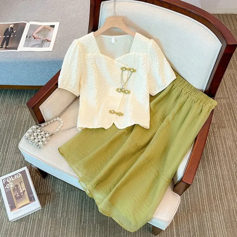 2024 Summer Women Chinese Style Elegant Green Tops Skirts 2 Piece Set Lady Graceful Slim Short Sleeve Shirts Half Skirt Outfits