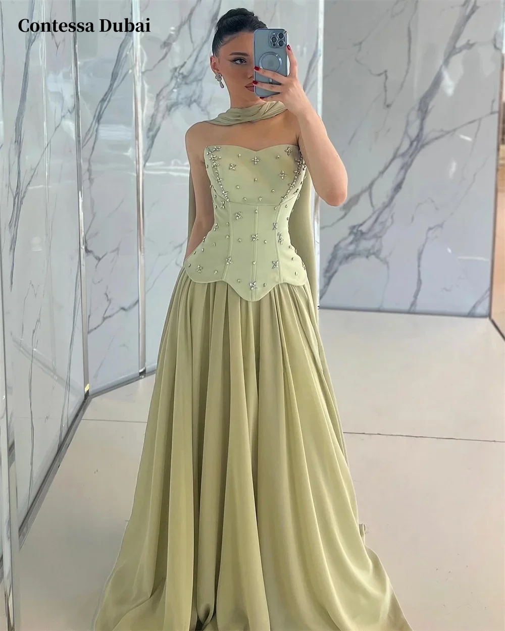 Contessa ดูไบที่กําหนดเองชุดราตรี A-Line ชุดราตรี 2025 หรูหรา Strapless ความยาวชั้น FBساتة