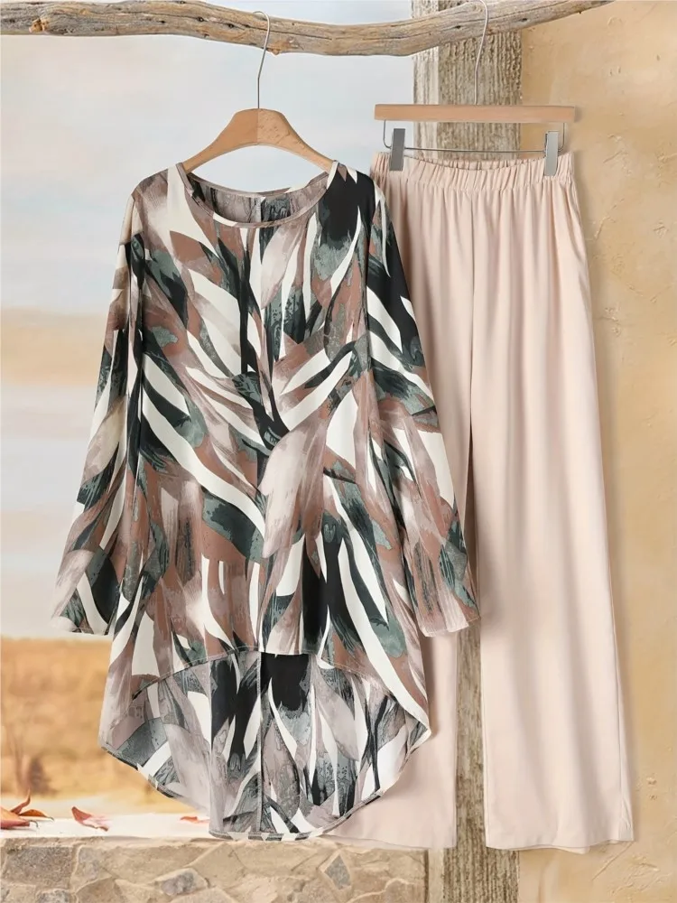 Traje Retro de dos piezas con estampado de manga tres cuartos para mujer, Top informal con cuello redondo, conjunto de 2 piezas, ropa para mujer