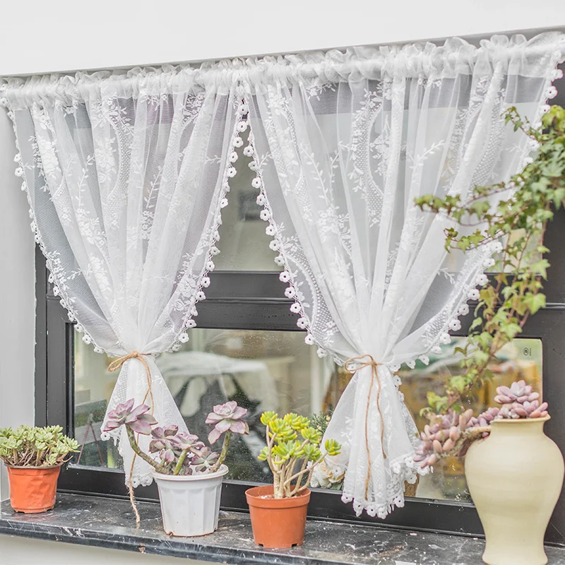 Korean Pastoral White Lace Half Curtain No Punching Short Curtain American Country Kitchen Curtain