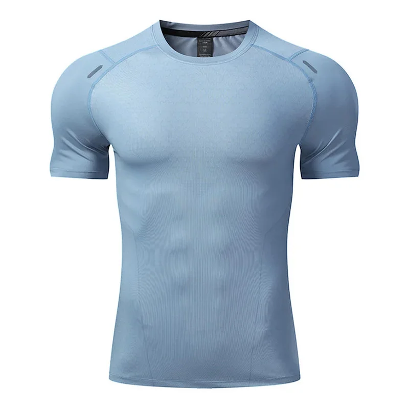 Men Sports Fitness Short-sleeved T-shirt Gym Running Training Top Quick-drying Breathable Stretch Tight Ice Silk Clothes Summer