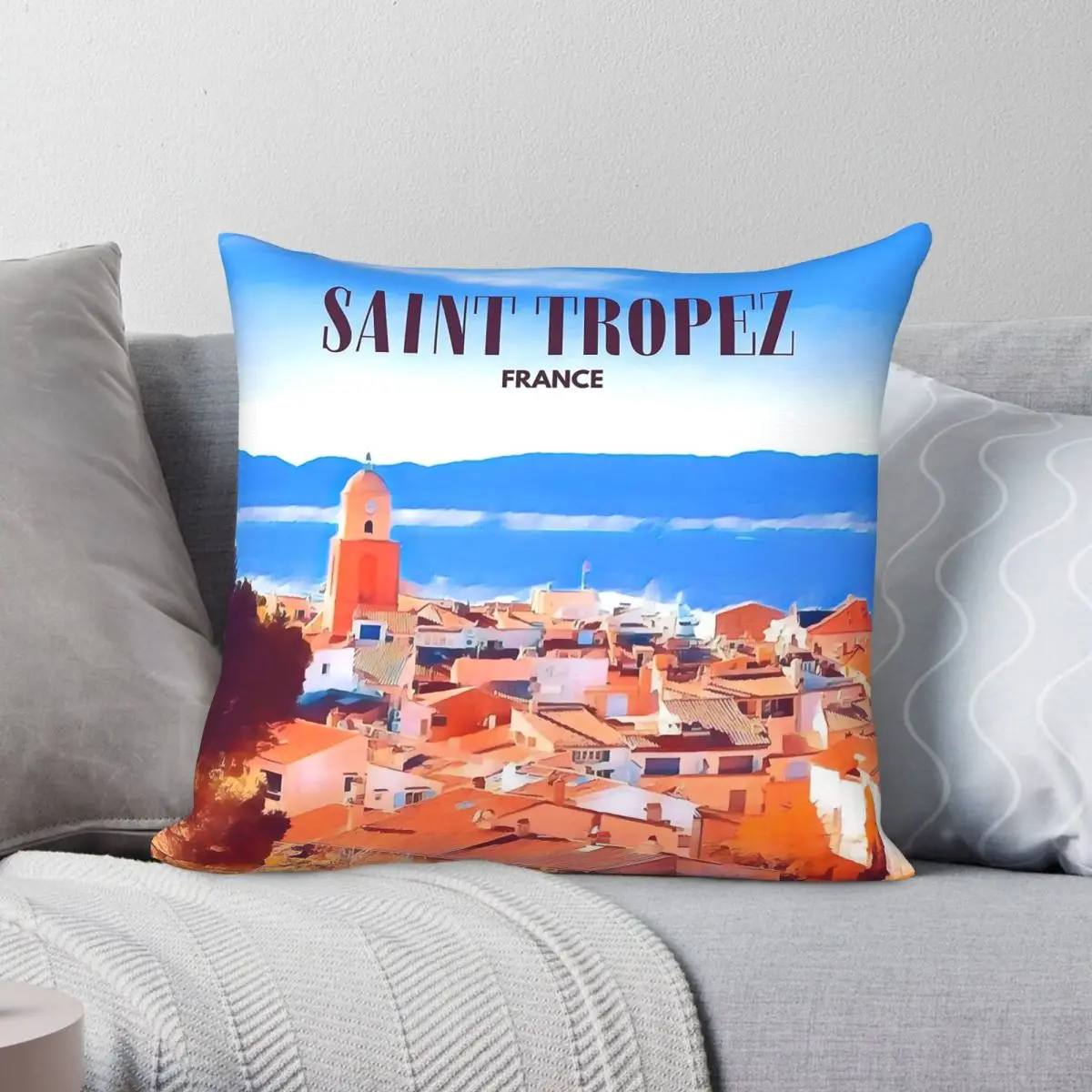Saint Tropez Streets Square Pillowcase Polyester Linen Velvet Printed Zip Decor Pillow Case Home Cushion Cover
