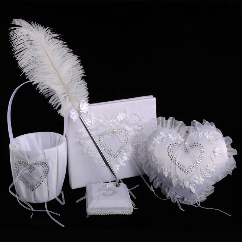 White Wedding Ring Pillow Vintage Wedding Guest Book and Pen Set Party Wedding Signature Guest Book Hearts Wedding Guestbook