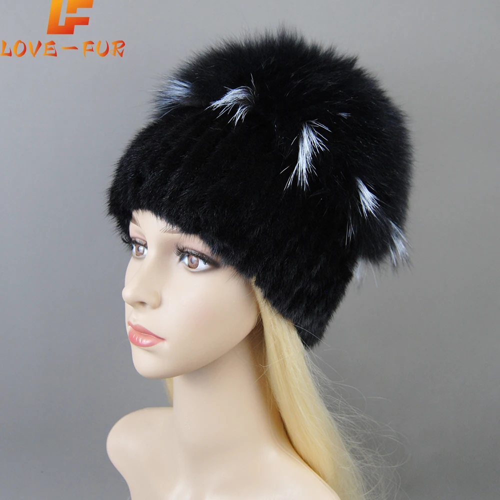 

Fashion Real Mink Fur Hat For Winter Women Imported Knitted Mink Cap With Fox Fur New Hot Sale High Quality Women Beanies Hat