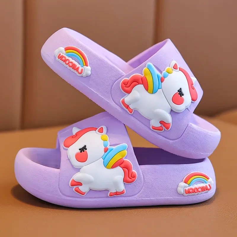 

Summer Kids Home Shoes Flip Flops Baby Girls Slippers for Children Cartoon Unicorn Bathroom Antislip Thick Sole Slides 2-8 Years