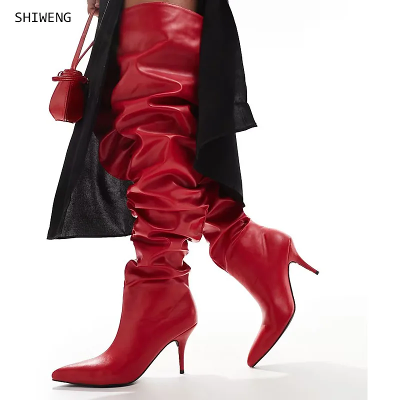 

2026 Women's Red Leather Over The Knee Stiletto Boots Design Casual Pointed Toe High Heel Party Long Boots 44