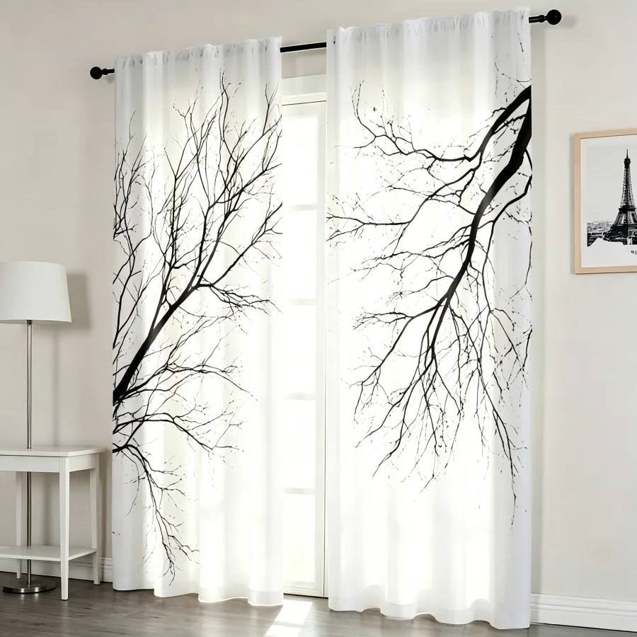 2PCS Digital Print  Curtain, Minimalist Tree Branches, Botanical Print Window Drape for Living Room Bedroom Home Decor