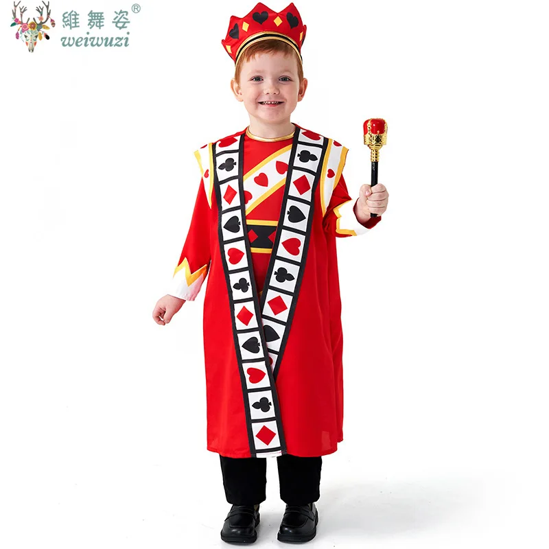 

Children's Day Halloween Red King of Hearts Costume for Kids Alice Poker King Cosplay Robe Crown Suit Boy Carnival Party Outfit
