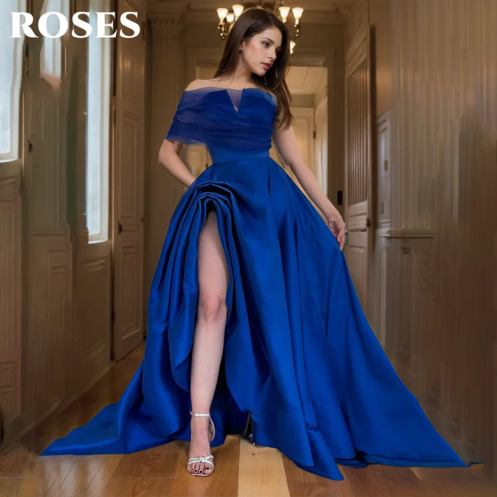 

ROSES Navy Blue Elegant Prom Dress Deep V-Neck Backless Prom Gown Satin Side High Split Evening Dresses for Woman Customized