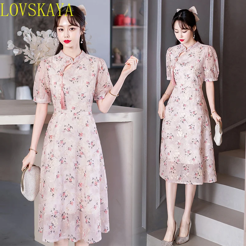 Summer New Short Sleeved Elegant and Improved Checkered Dress Retro Chinese Traditional Fantastic Costume