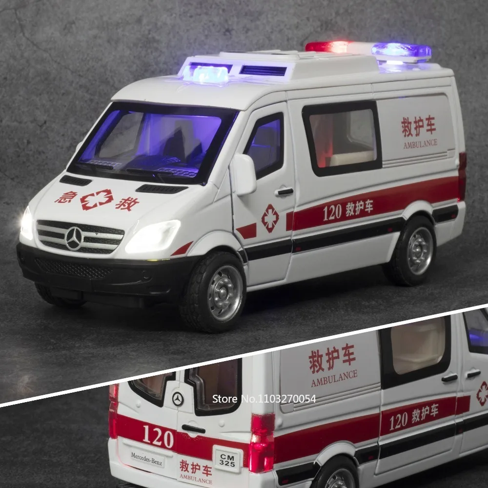 Scale 1/32 Ambulance Toys Model Car Diecast Alloy Special Police Vehicle 5 Doors Opened Sound Light Pull Back Toy Gifts for Kids