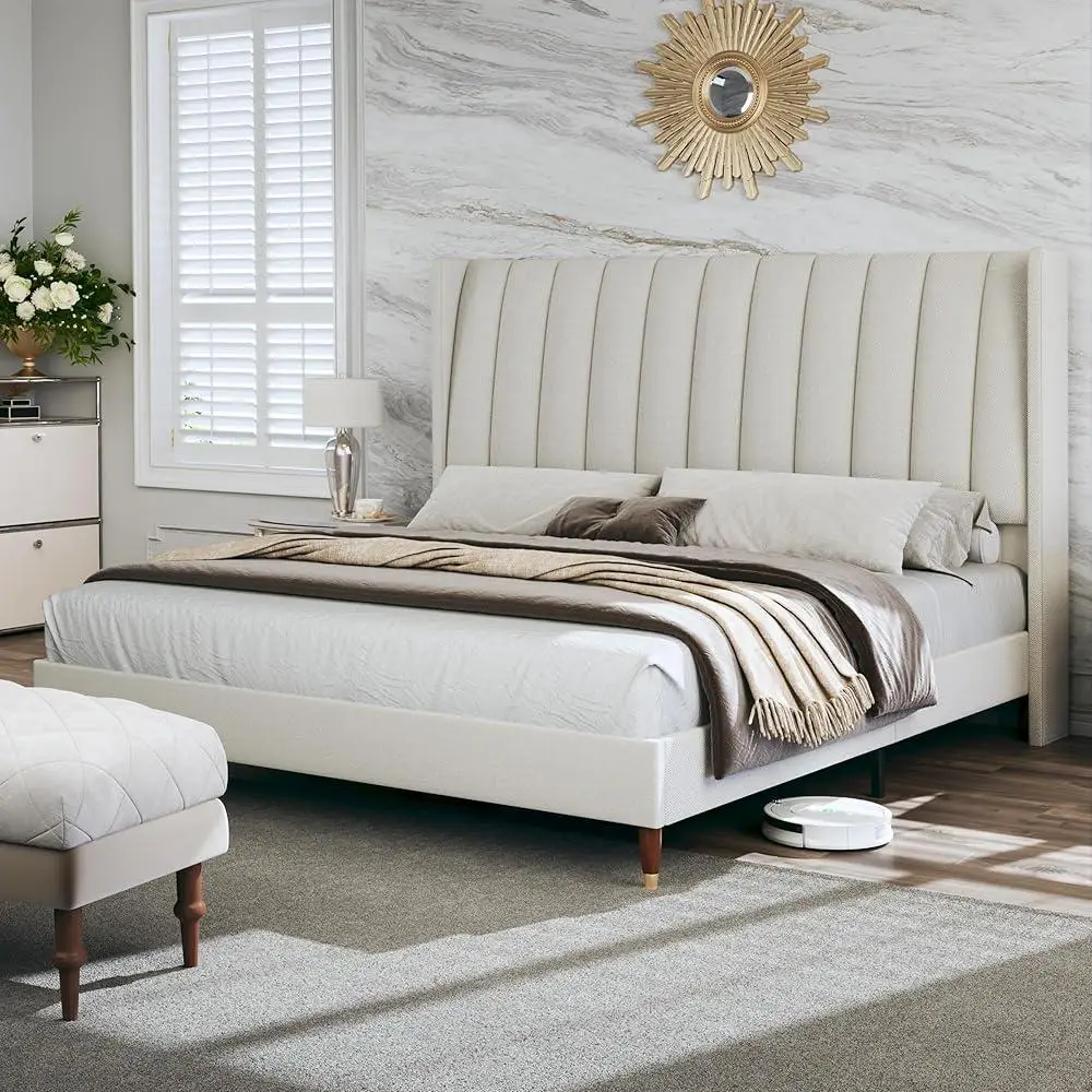 Queen Bed Frame Upholstered Vertical Channel Headboard with Wood Slats No Box Spring Durable Strong Platform Mattress Support