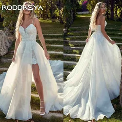 RODDRSYA Short Lace Mermaid Wedding Dress Detachable Train Spaghetti Straps Bridal Dresses Mini свадебное платье V Neck Backless