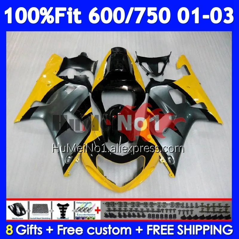 Yellow grey OEM Body For SUZUKI GSXR 600 750 CC K1 GSXR600 102No.13 GSXR-600 GSXR750 01 02 03 2001 2002 2003 Injection Fairings