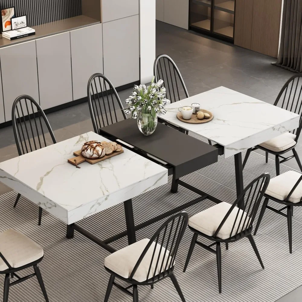 

63"-79" Extendable Dining Room Table for 6 8 10 People, Long Large Dining Table with Silent-Glide Extension, Woodgrain/Marble T