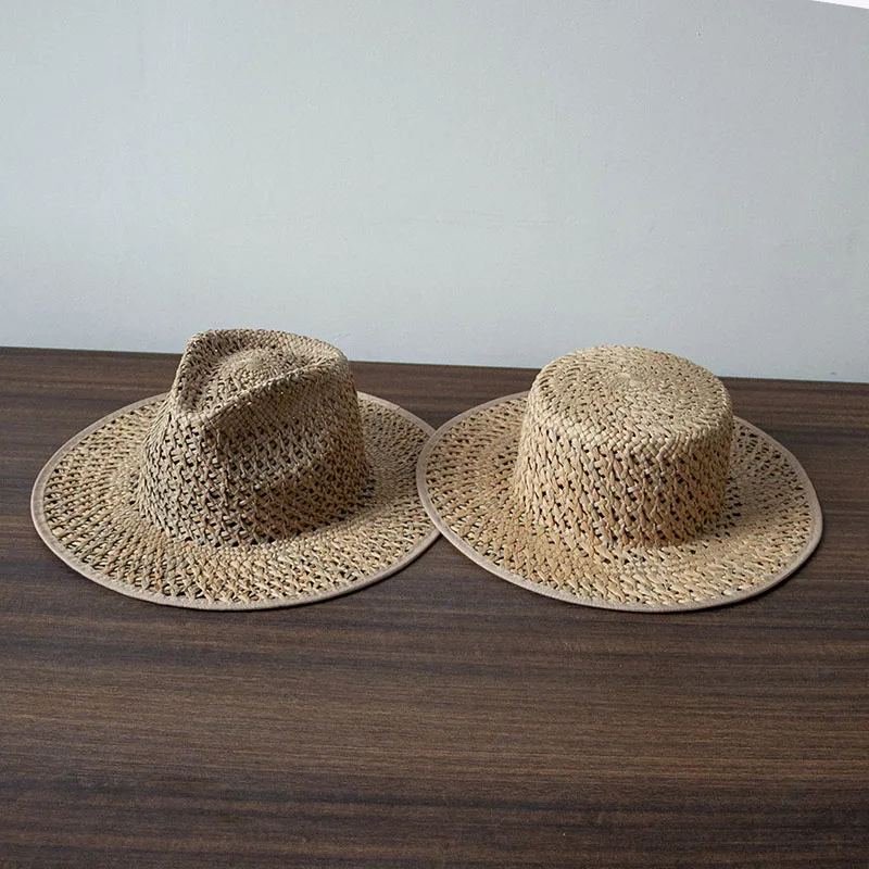 Handmade Natural Straw Hats for Women Summer Fedora Hat Hollow Out Style Sun Hat Wide Brim Panama Hat Flat Boater Hat Travel Ha