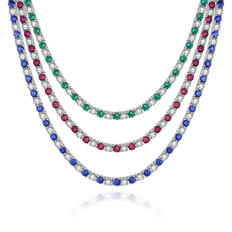 Luxury 3mm Zircon Tennis Necklace Single Row Prong Set Lab Grown Ruby Sapphire Emerald Fashion Choker Jewelry