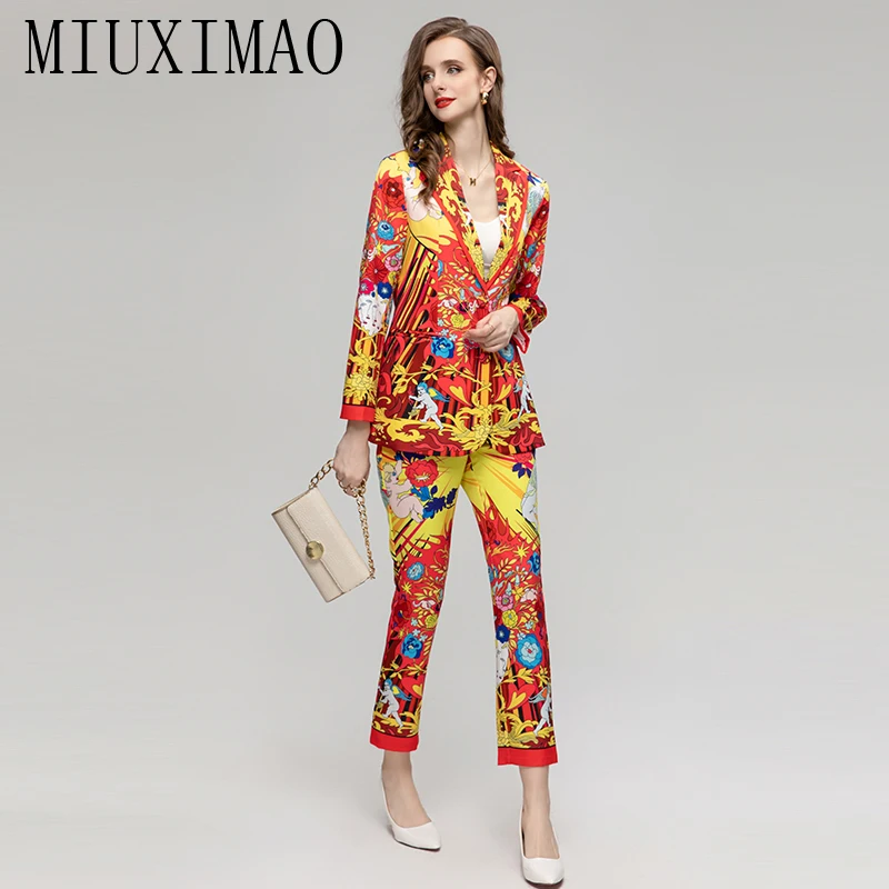 MIUXIMAO 2023 Fall Luxury Diamond  Sicily Elegant Suit Heart Angel Flower Prints Top+ Slim Pant Fashion Two-piece Set Women Suit