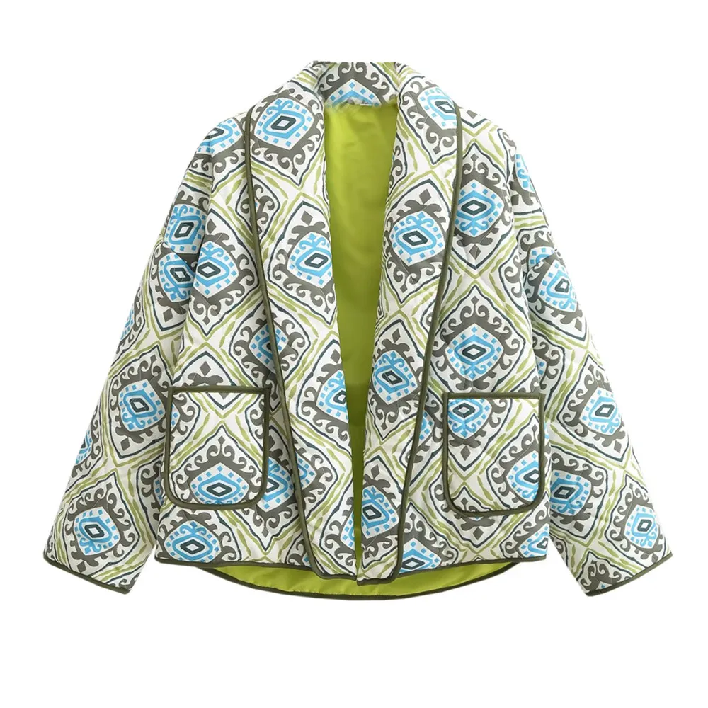 Autunno Inverno Verde Paisley Stampa floreale Cappotto trapuntato con risvolto Cappotto etnico da donna trapuntato a maniche lunghe caldo giacca