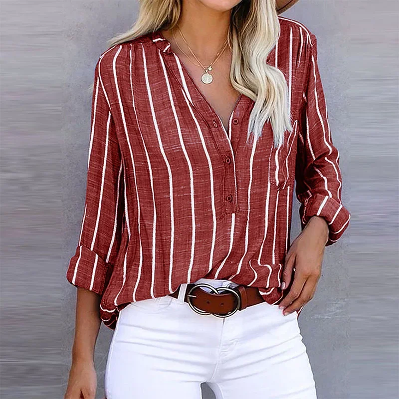 Camisas largas listradas largas para mulheres, blusas da moda vintage, tops jovens elegantes, casual, outono