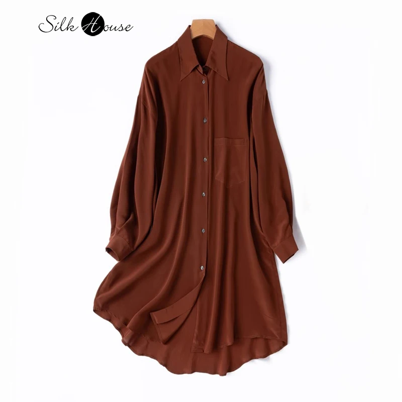 2025 Women's Casual Summer New 100% Natural Mulberry Silk Crepe De Chine Sharp Neck Long Sleeve Medium Length Sunscreen Clothes