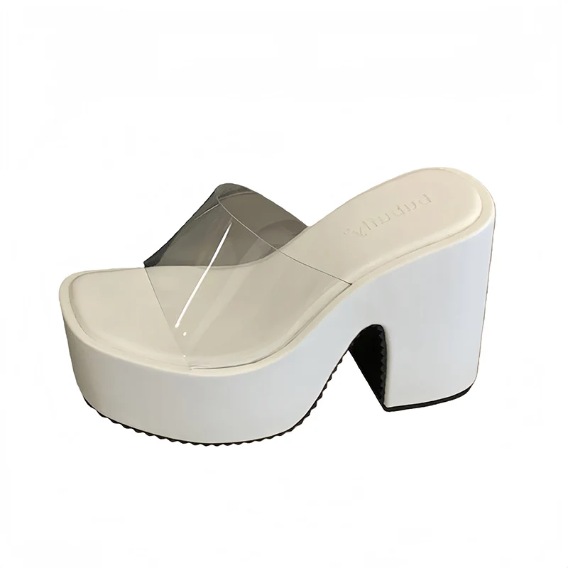 

12cm White Heels Slippers 6cm Platform Block Heeled Sandals Women Beach Shoes Summer PVC Clear Sandals 2026 New Arrival