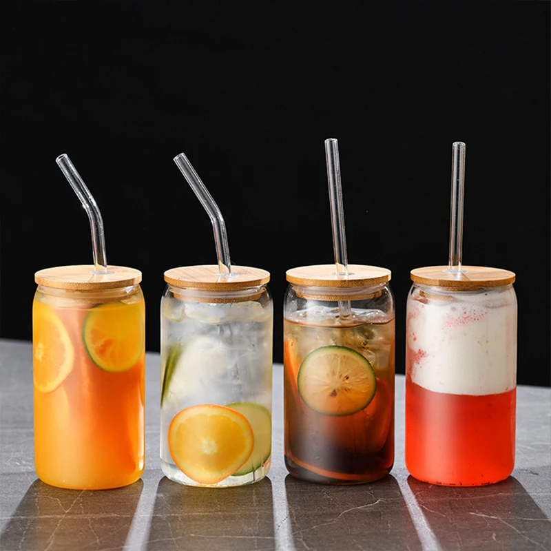 6Pcs Set Drinking Glasses 16Oz Clear Iced Coffee Cup With 6 Bamboo Lids And 6 Glass Straws