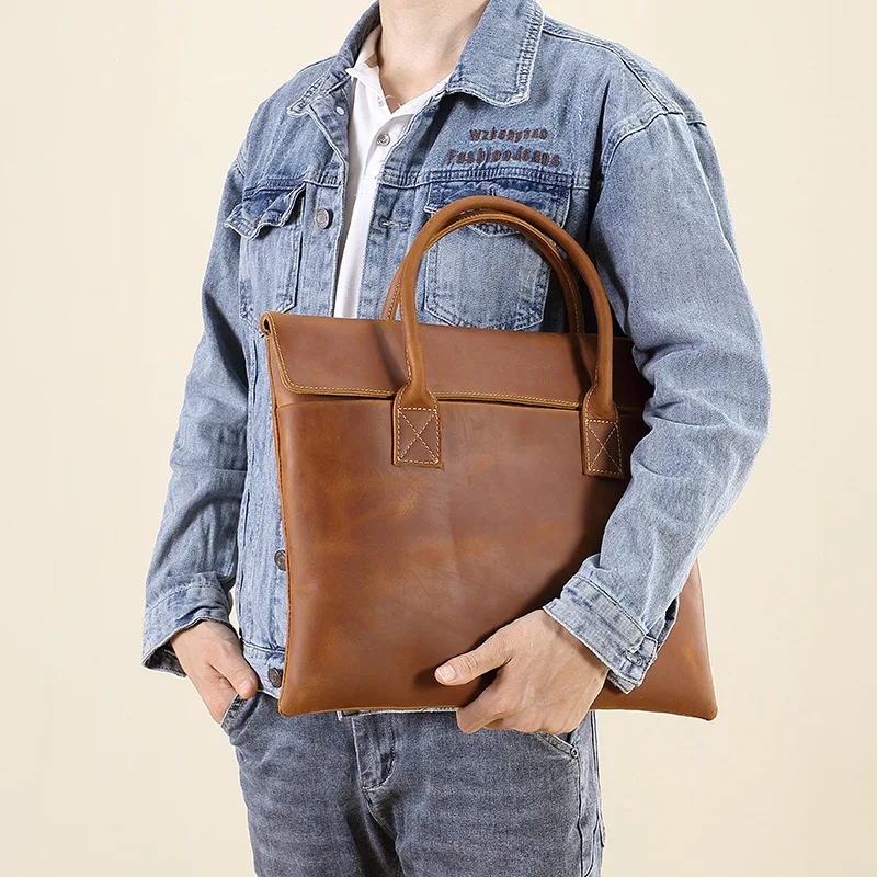 Handtas Voor Mannen Vintage Grote Capaciteit Draagtas Laptop Zakelijke Aktetas Mannen Gek Paard Echt Lederen Messenger Bag Man