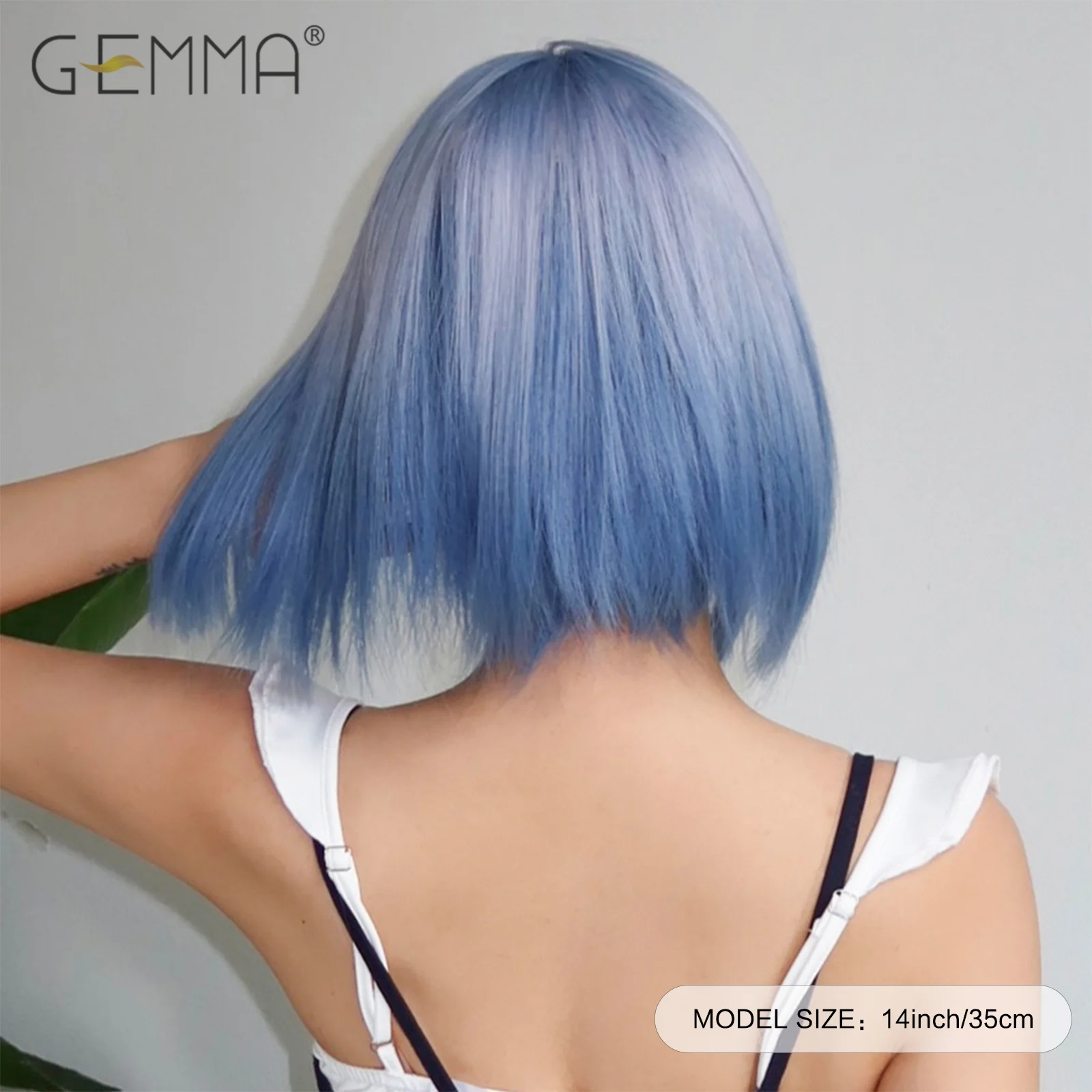 GEMMA Synthetic Blue Blonde Ombre Cosplay Wig with Bangs Short Straight Bob Wigs for Women Christmas Party Hair Heat Resistant