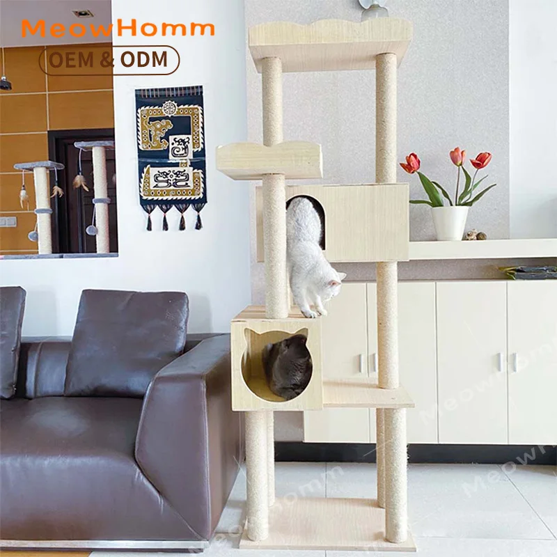 

Manufacturer Wholesale Multi Platform Modern Cat Climbing Tree House Tower Wooden Cat Scratcher Post Frame Large Cat Tree Condo