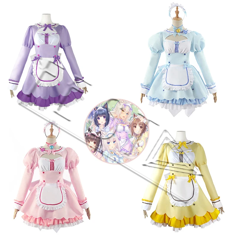 Nekopara Chocolate Vanilla Coconut Azuki Cosplay Costume Maid Lolita Dress Blue Pink Purple Yellow Skirt Stockings Accessories