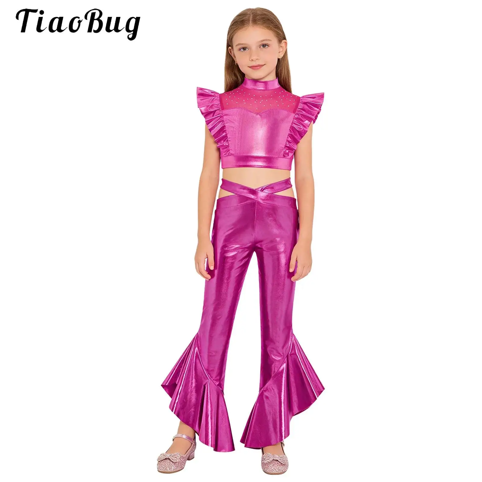 

Kids Girls Disco Jazz Dance Outfits Shiny Hippie Costume Rhinestones Mesh Metallic Crop Top with Bell Bottom Pants Pageant Set